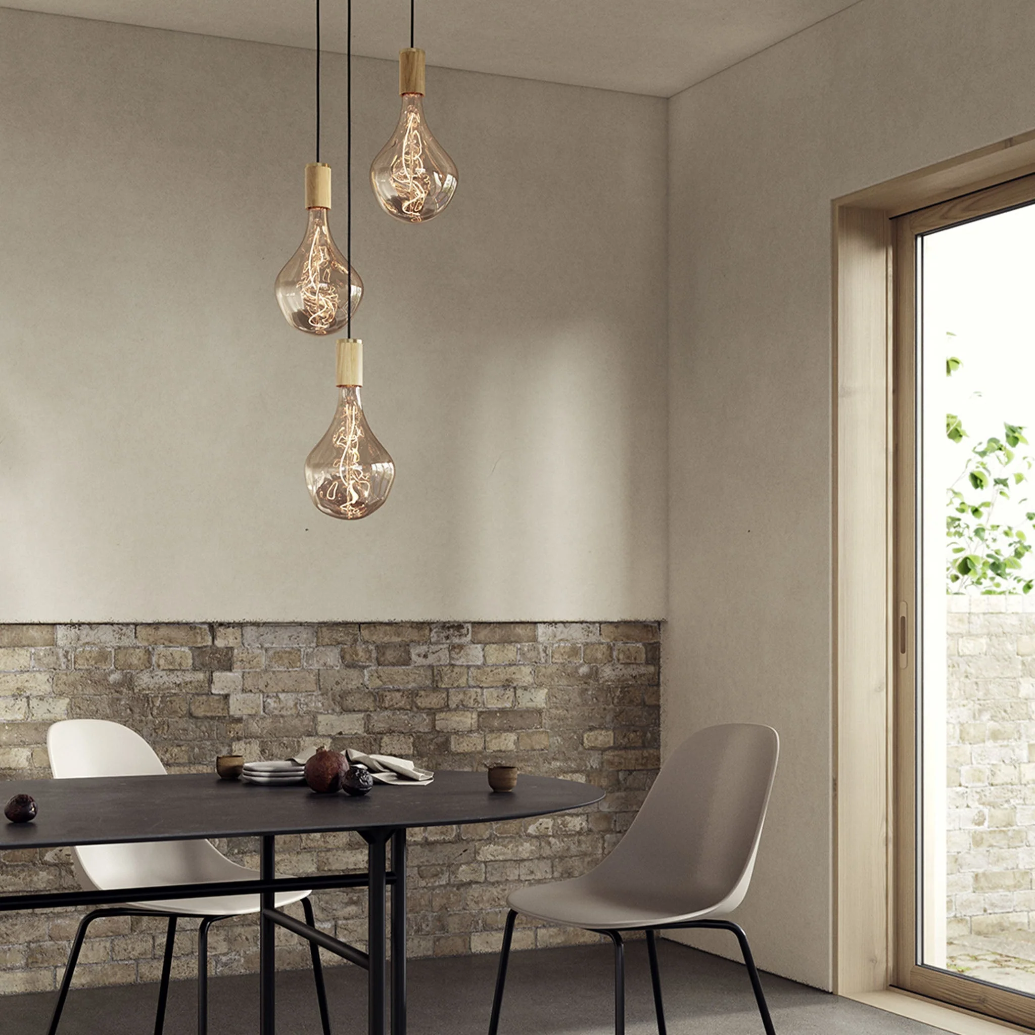 Triple Pendant in Oak + Voronoi II - White Canopy - Image 2